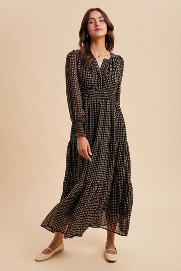 Black Printed Smocked Waist Tiered Maxi Dress