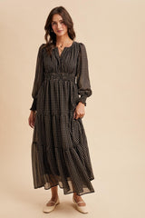 Black Printed Smocked Waist Tiered Maternity Maxi Dress