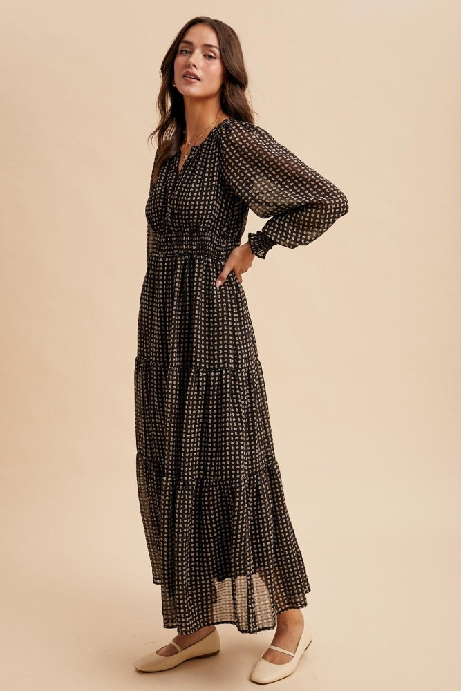 Black Printed Smocked Waist Tiered Maxi Dress