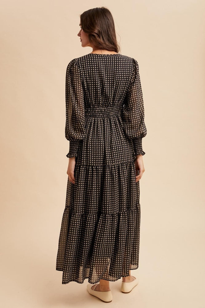Black Printed Smocked Waist Tiered Maxi Dress