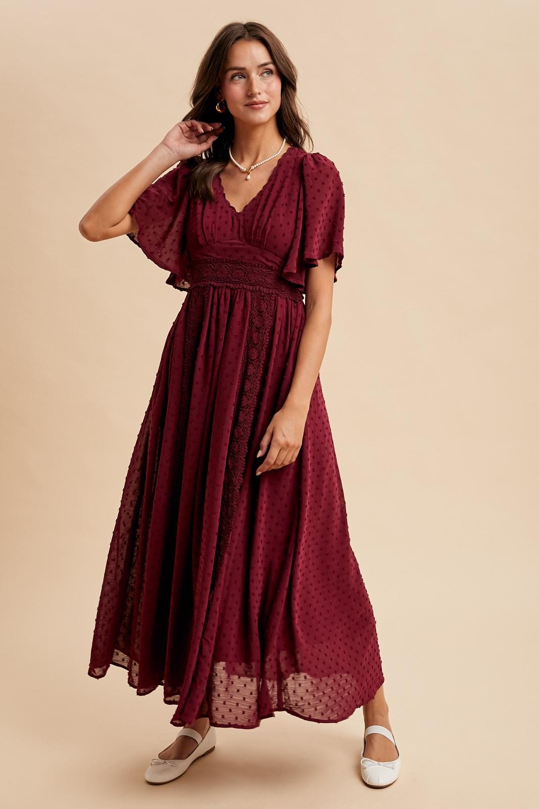 Burgundy Swiss Dot Crochet Lace Accent Maxi Dress