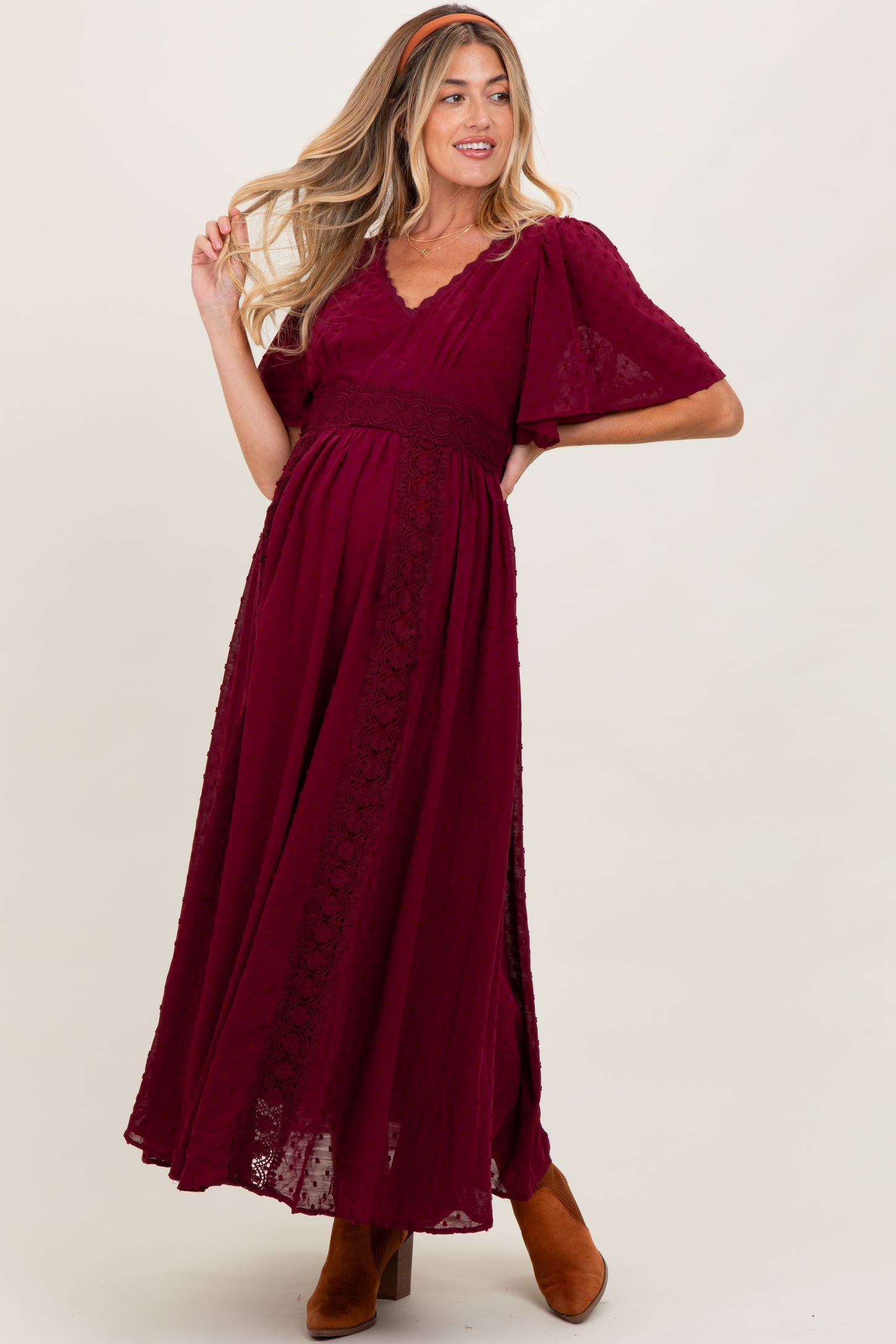 Burgundy Swiss Dot Crochet Lace Accent Maternity Maxi Dress