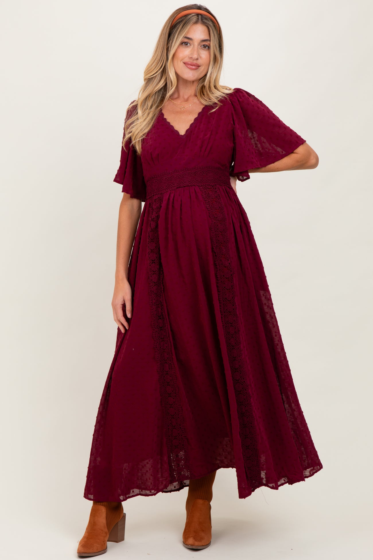 Burgundy Swiss Dot Crochet Lace Accent Maternity Maxi Dress