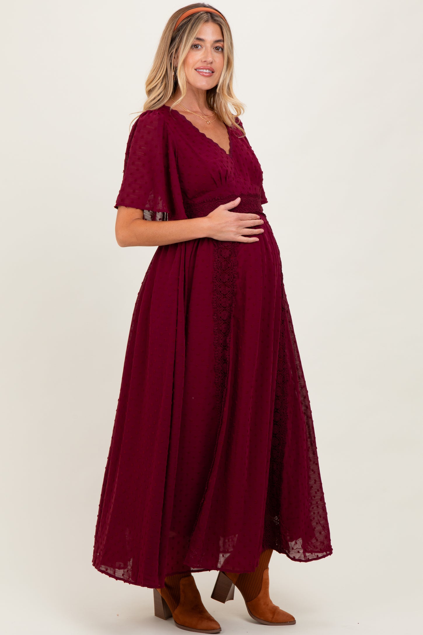 Burgundy Swiss Dot Crochet Lace Accent Maternity Maxi Dress