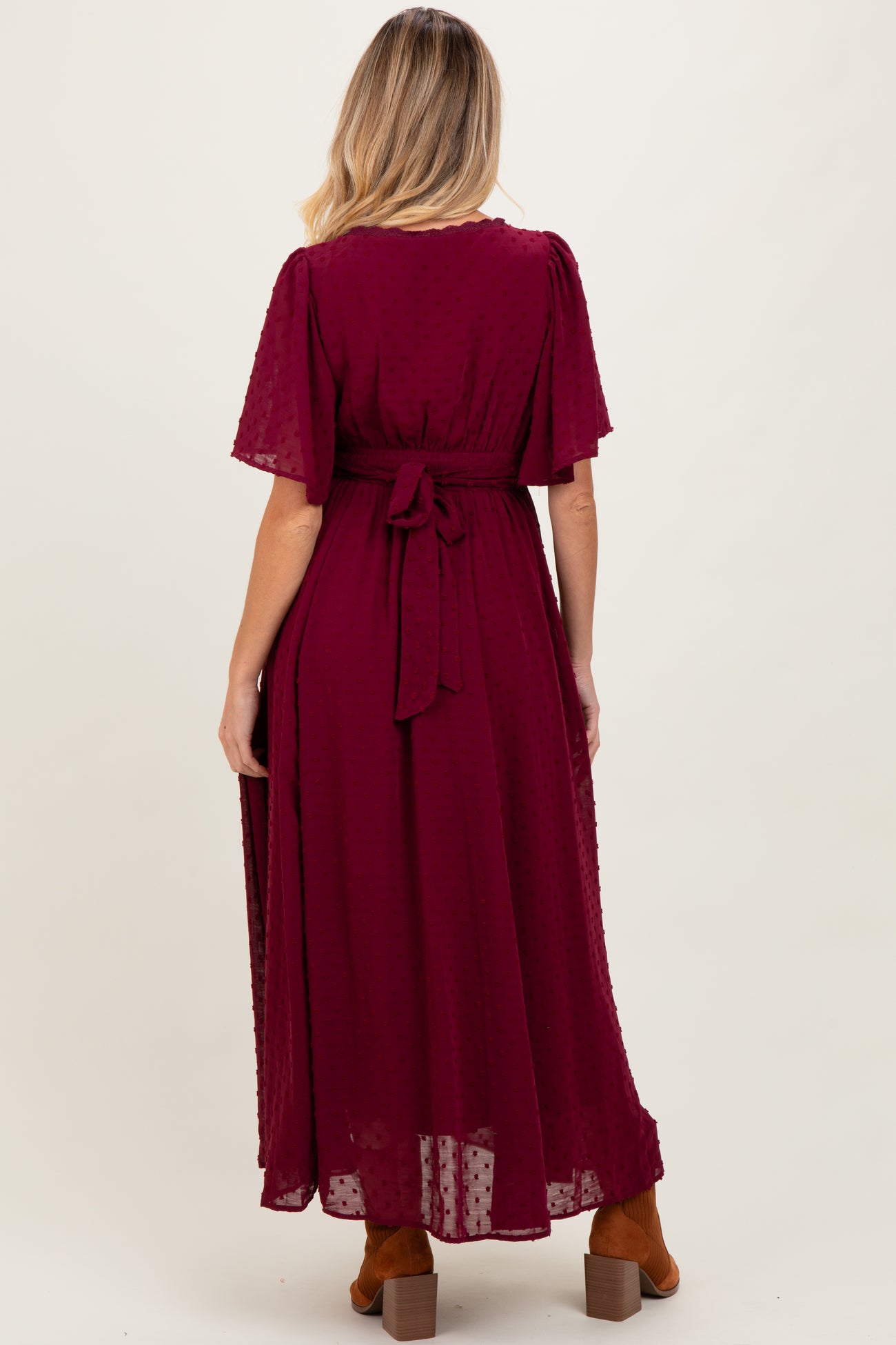 Burgundy Swiss Dot Crochet Lace Accent Maternity Maxi Dress