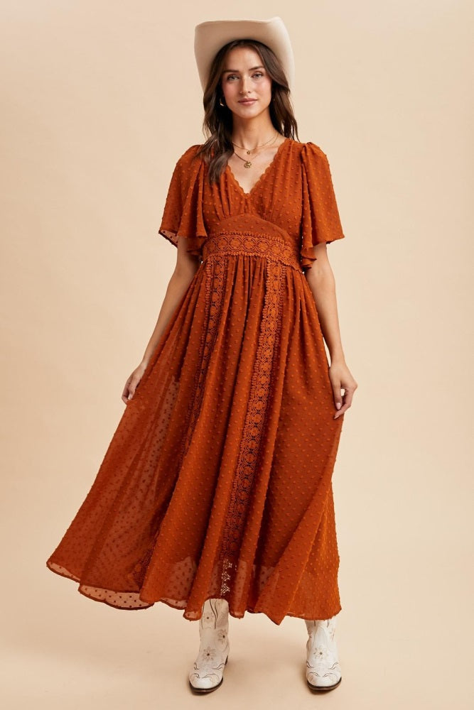 Rust Swiss Dot Crochet Lace Accent Maternity Maxi Dress
