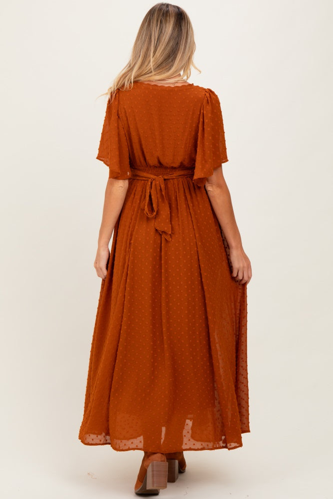 Rust Swiss Dot Crochet Lace Accent Maternity Maxi Dress
