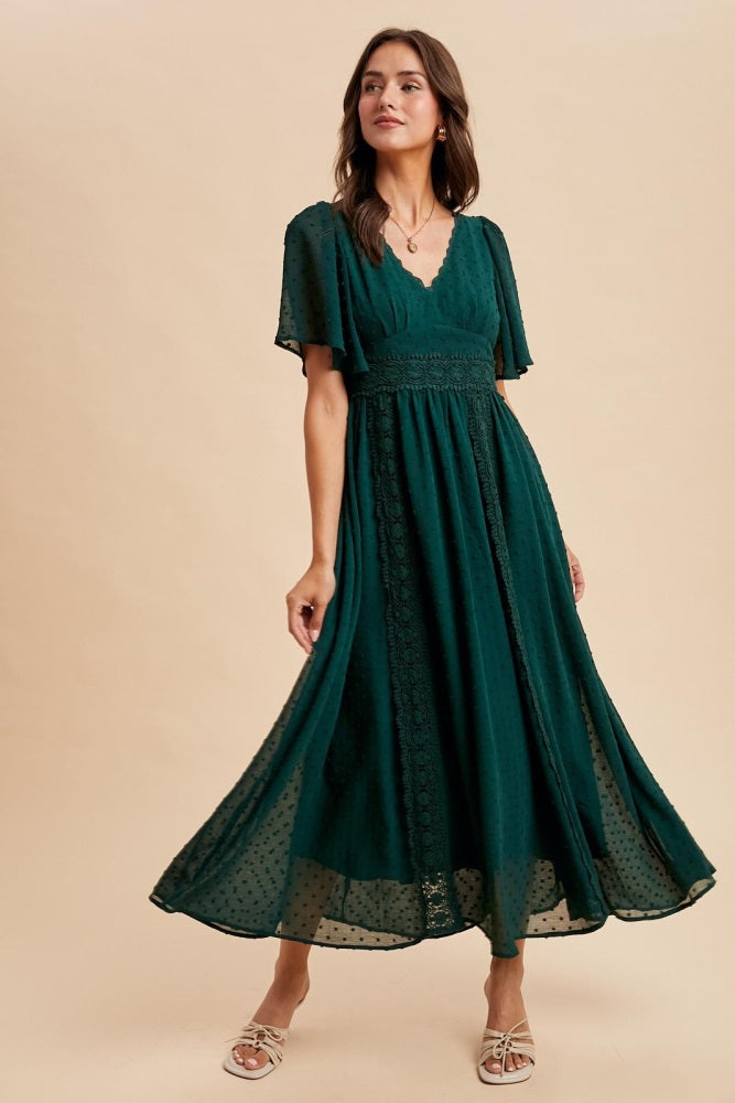 Forest Green Swiss Dot Crochet Lace Accent Maxi Dress