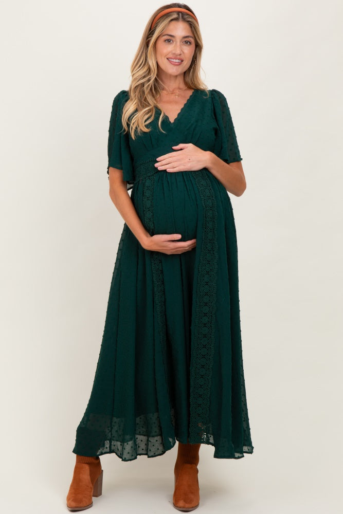 Forest Green Swiss Dot Crochet Lace Accent Maternity Maxi Dress