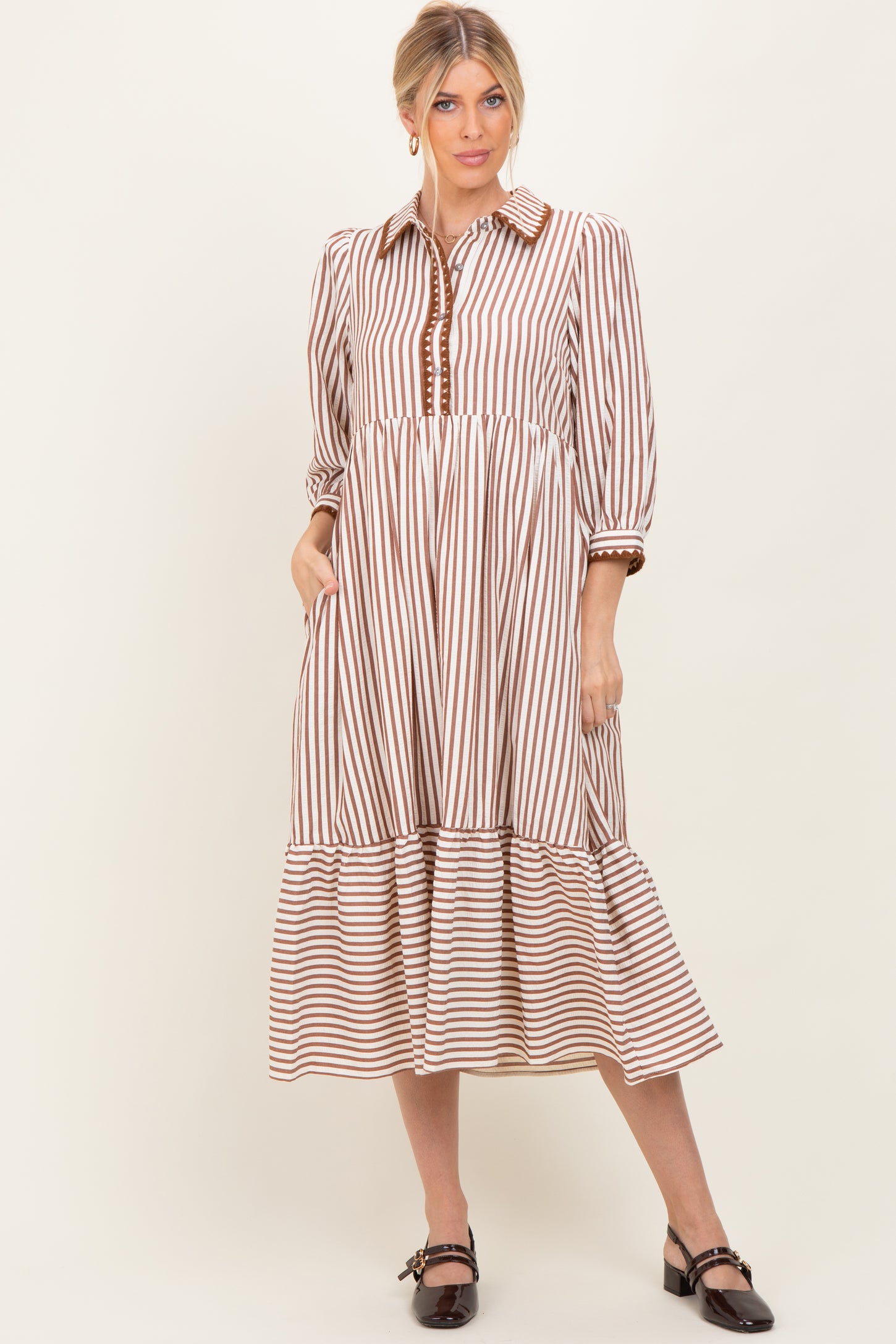 Mocha Striped Scallop Trim 3/4 Sleeve Maternity Midi Dress