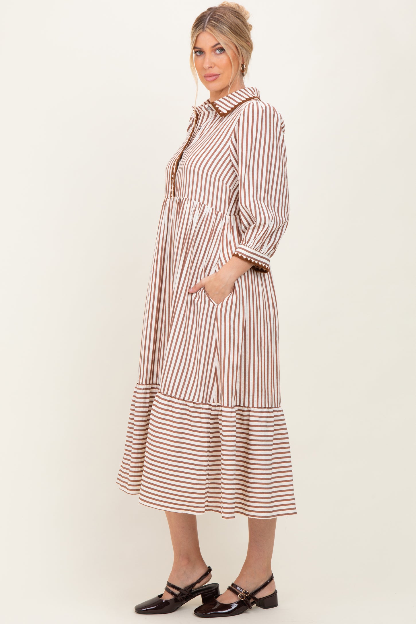 Mocha Striped Scallop Trim 3/4 Sleeve Midi Dress