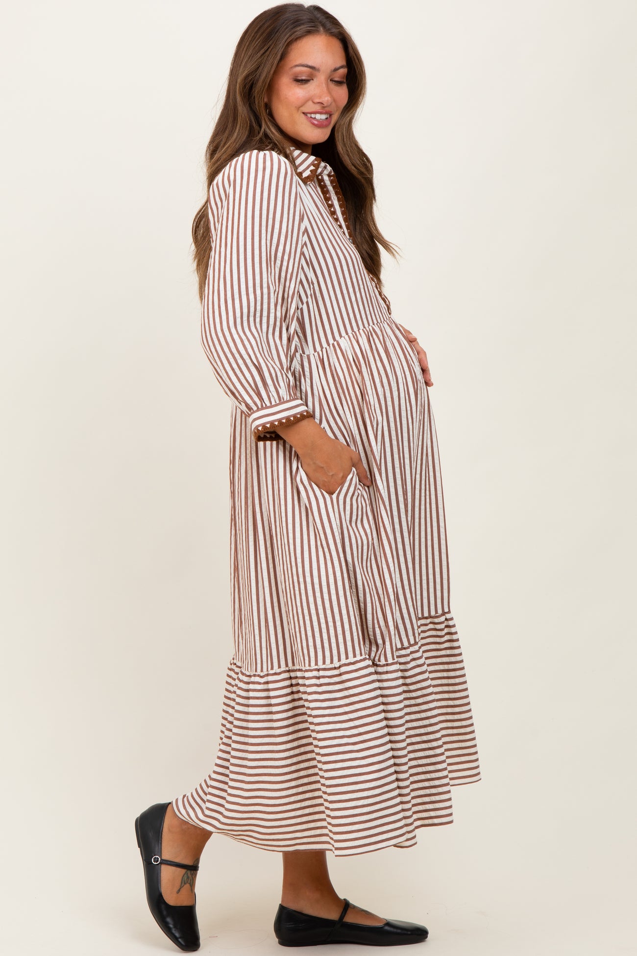 Mocha Striped Scallop Trim 3/4 Sleeve Maternity Midi Dress