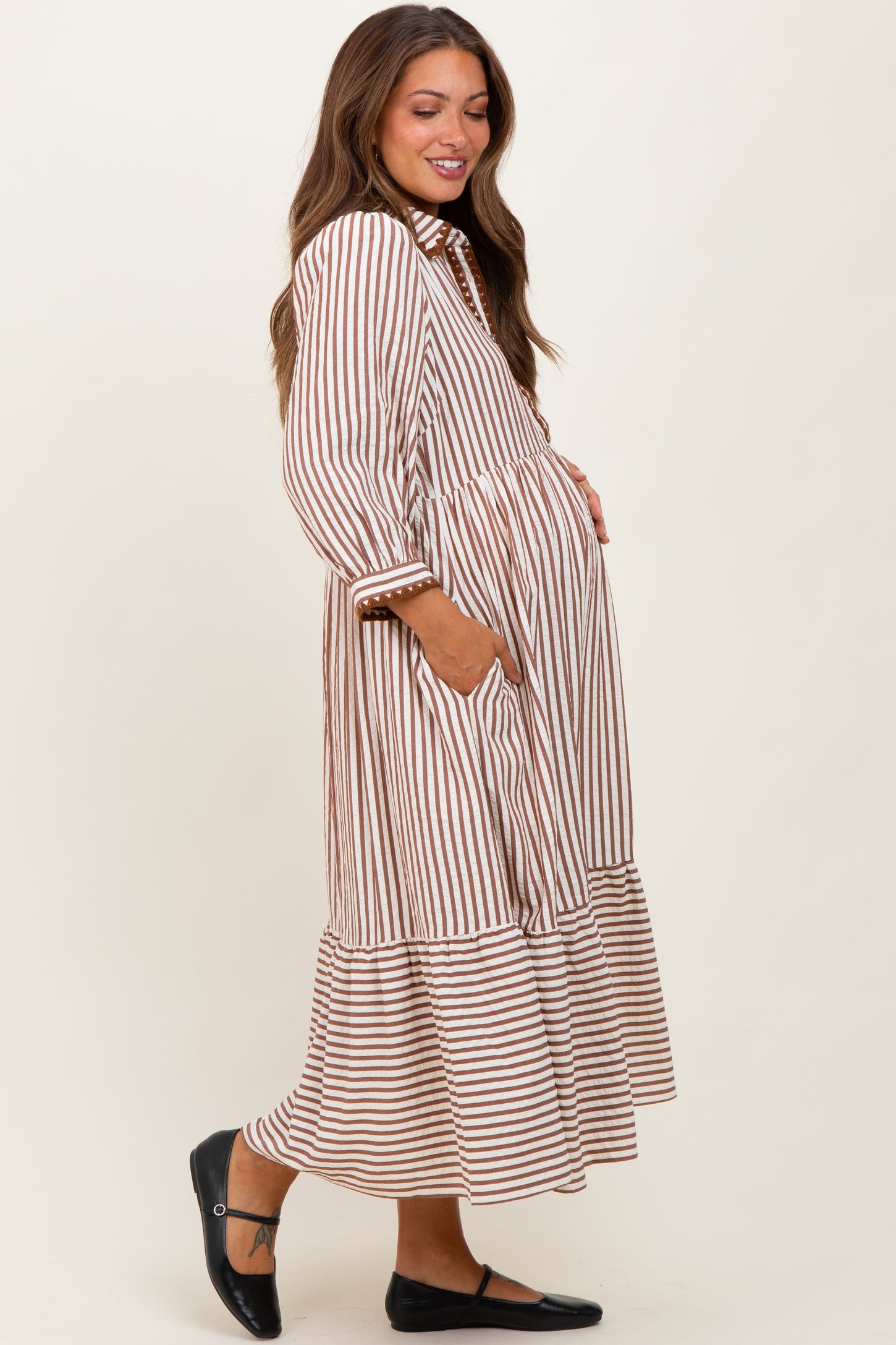 Mocha Striped Scallop Trim 3/4 Sleeve Maternity Midi Dress