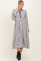 Black Striped Scallop Trim 3/4 Sleeve Midi Dress
