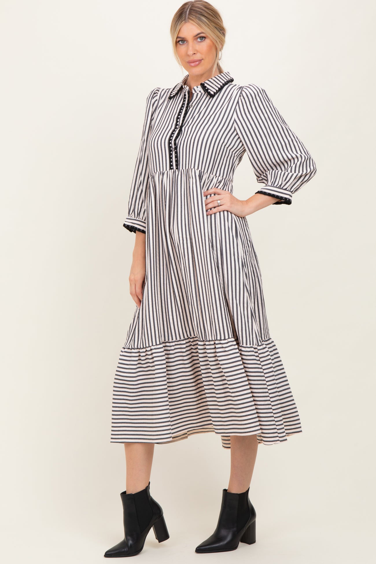 Black Striped Scallop Trim 3/4 Sleeve Midi Dress
