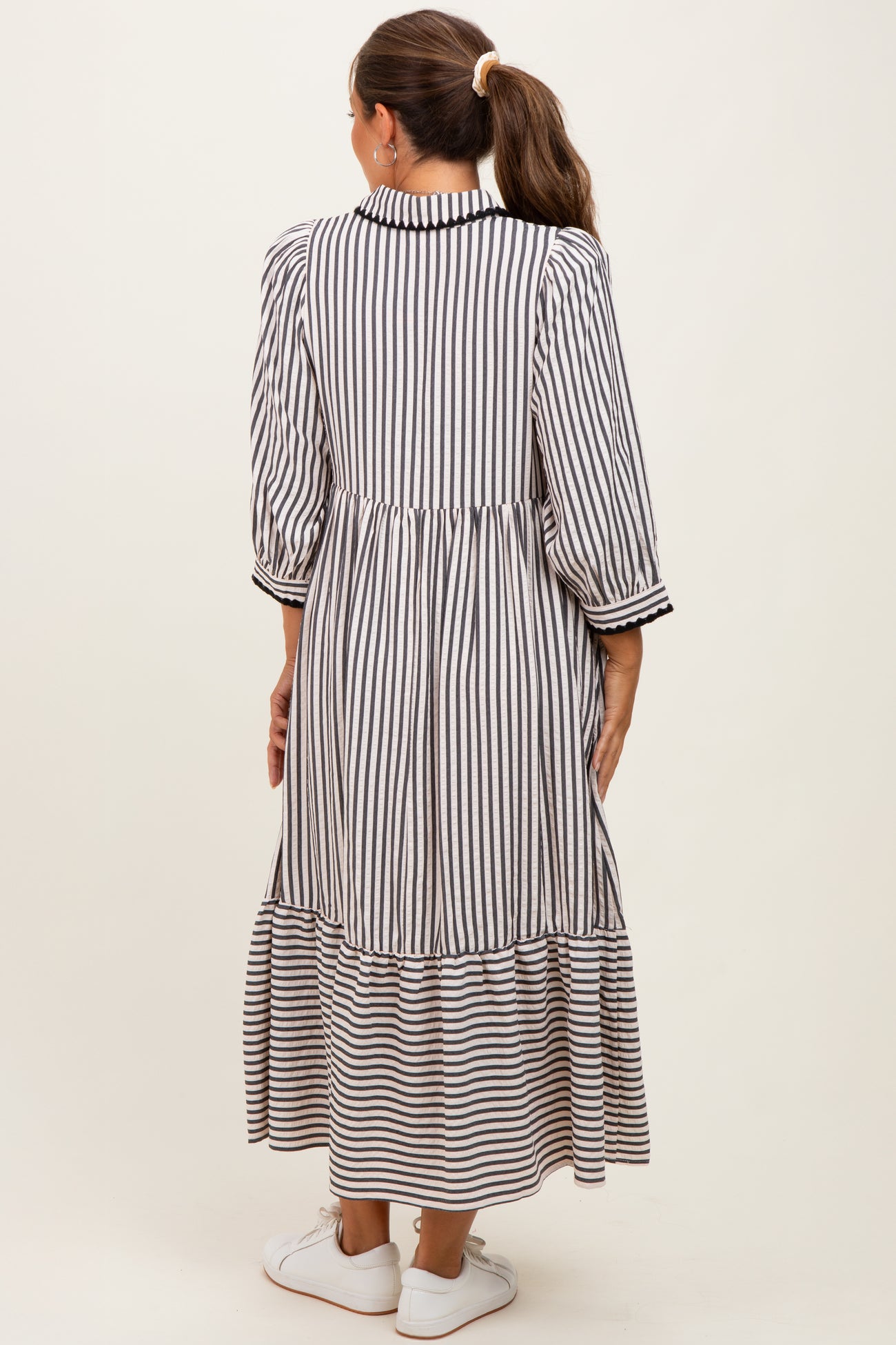 Black Striped Scallop Trim 3/4 Sleeve Maternity Midi Dress