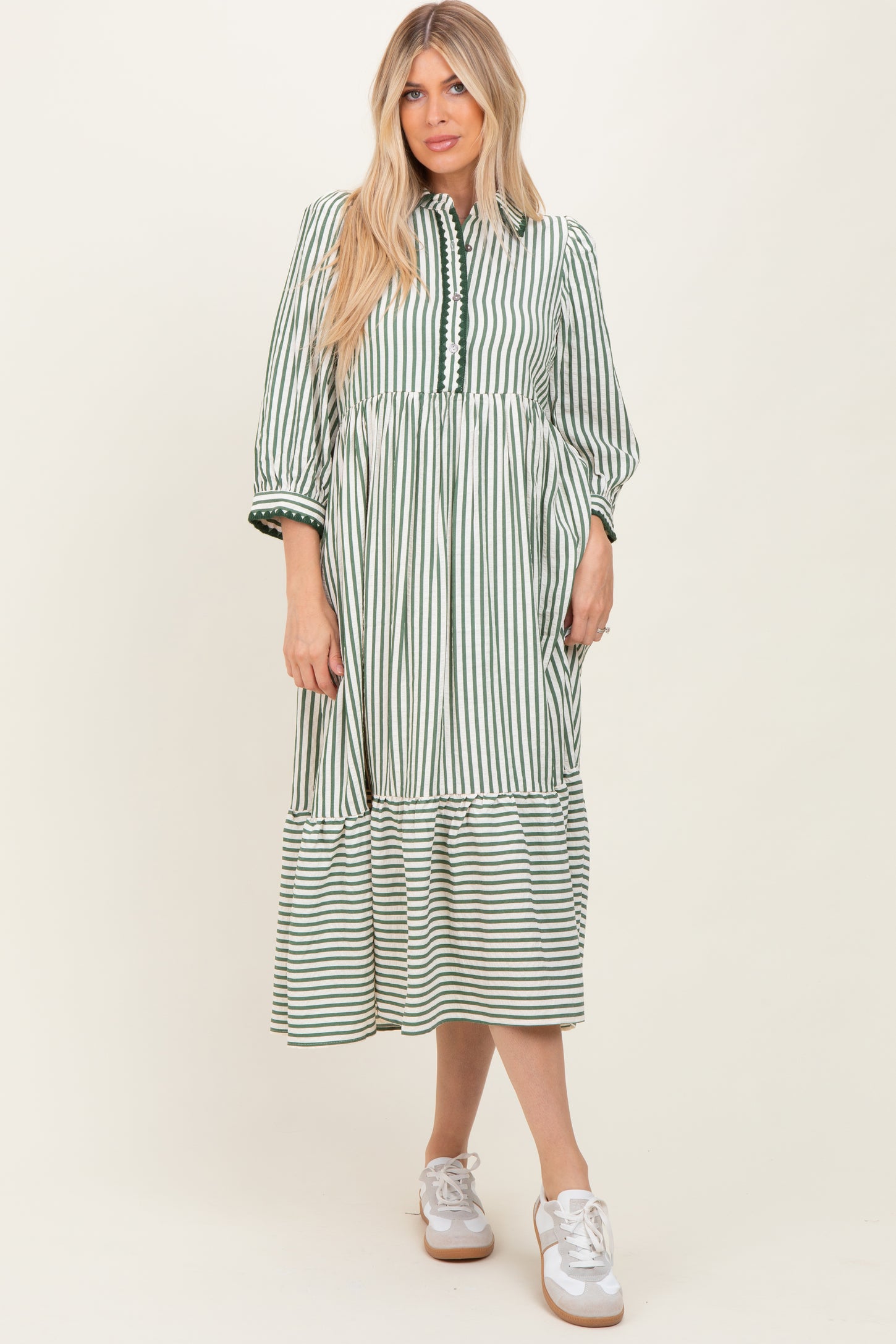 Green Striped Scallop Trim 3/4 Sleeve Maternity Midi Dress