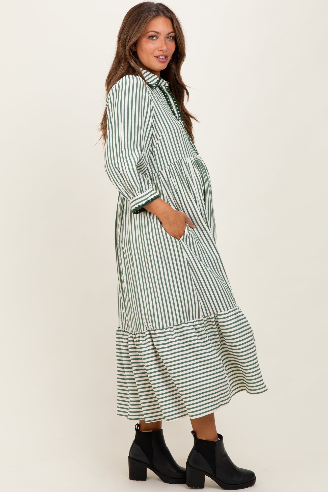 Green Striped Scallop Trim 3/4 Sleeve Maternity Midi Dress