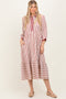 Rust Striped Scallop Trim 3/4 Sleeve Midi Dress