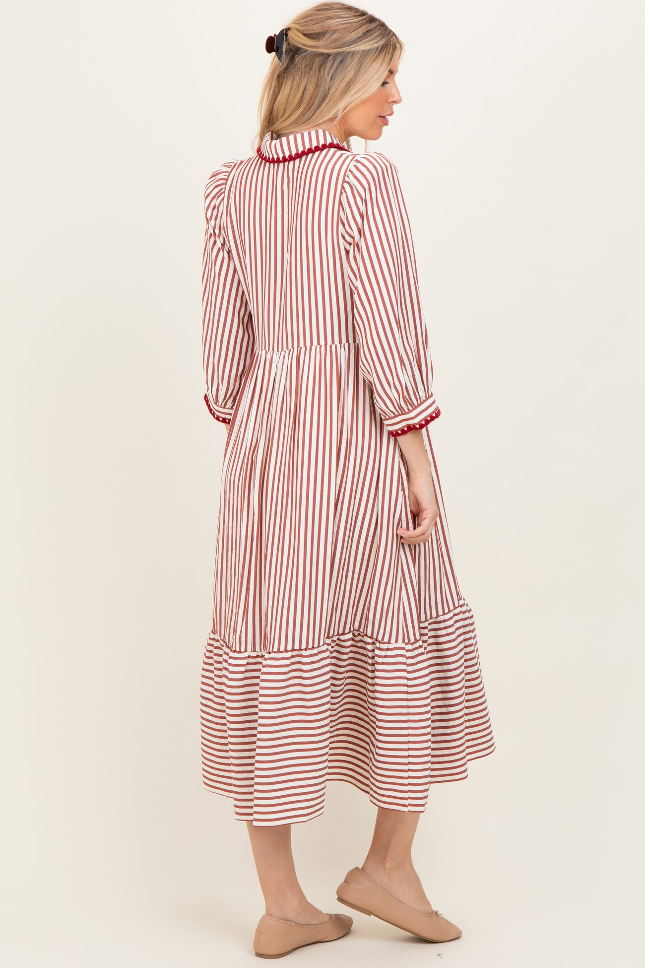 Rust Striped Scallop Trim 3/4 Sleeve Midi Dress