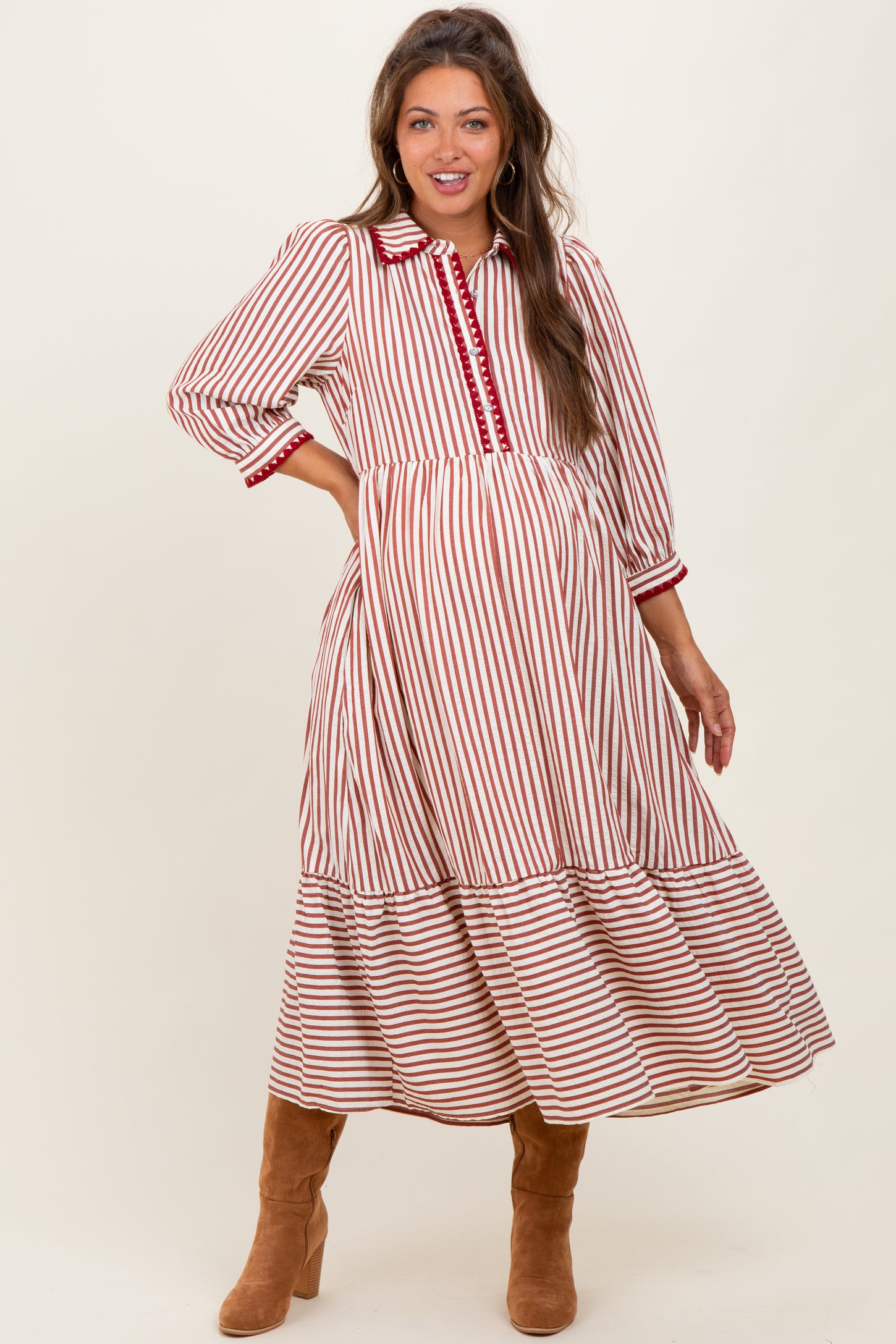 Rust Striped Scallop Trim 3/4 Sleeve Maternity Midi Dress