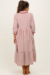 Rust Striped Scallop Trim 3/4 Sleeve Maternity Midi Dress
