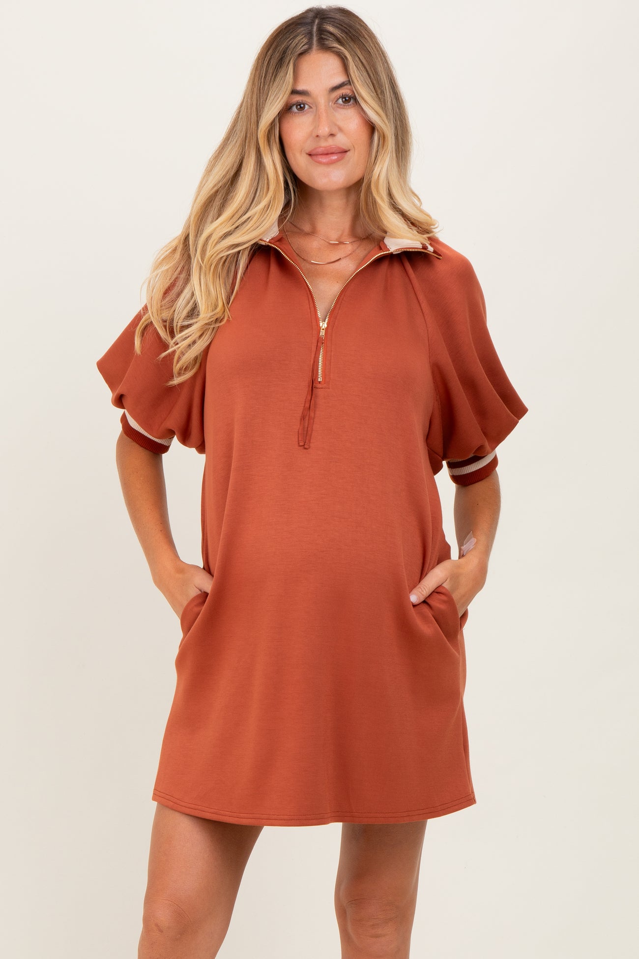 Rust Half Zip Puff Sleeve Maternity Mini Dress