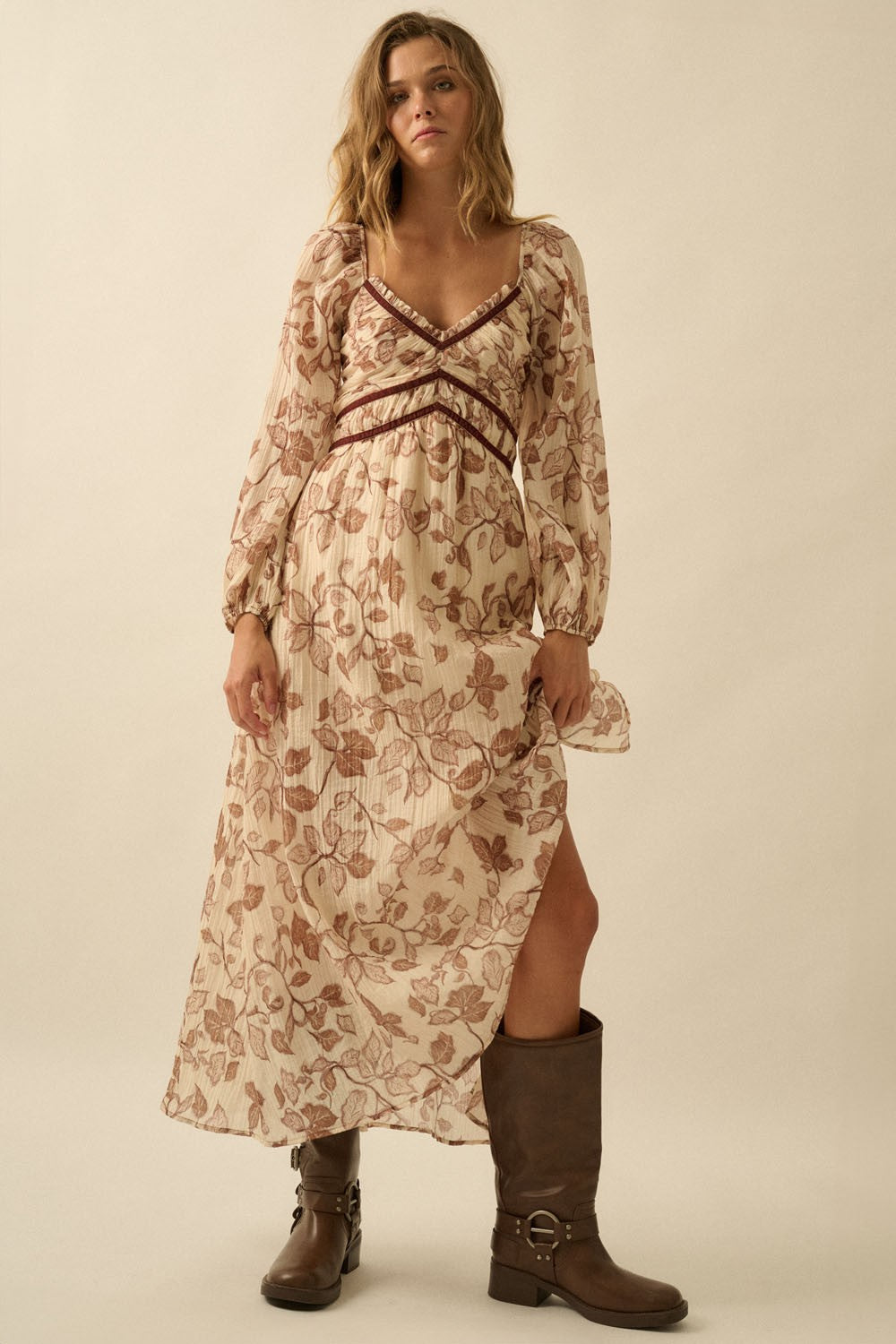 Cream Floral V-Neck Velvet Trim Maternity Maxi Dress