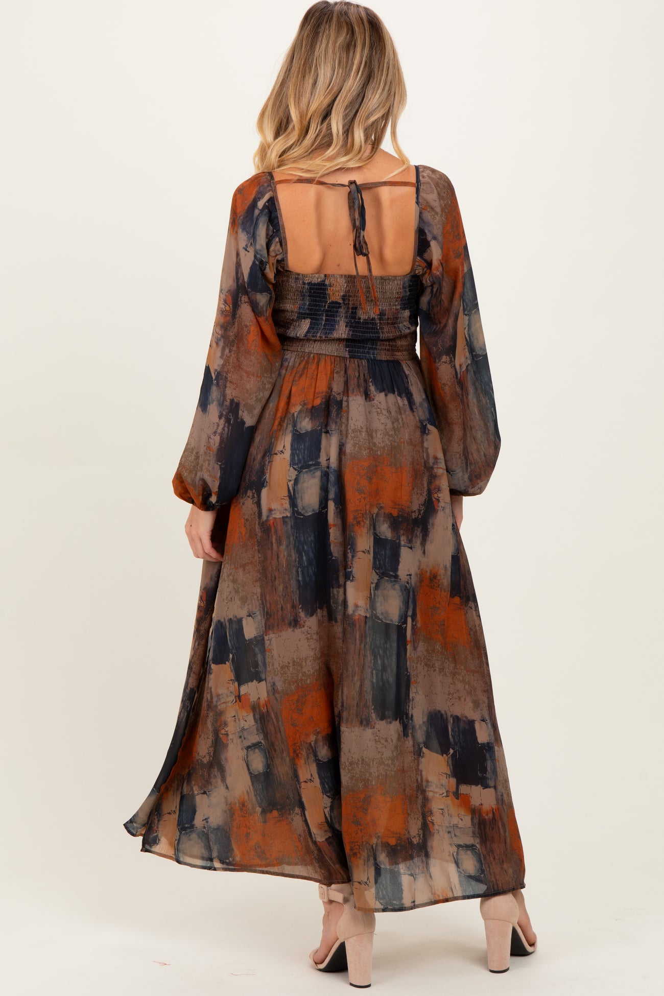 Multicolor Abstract Print Velvet Trim Maternity Maxi Dress