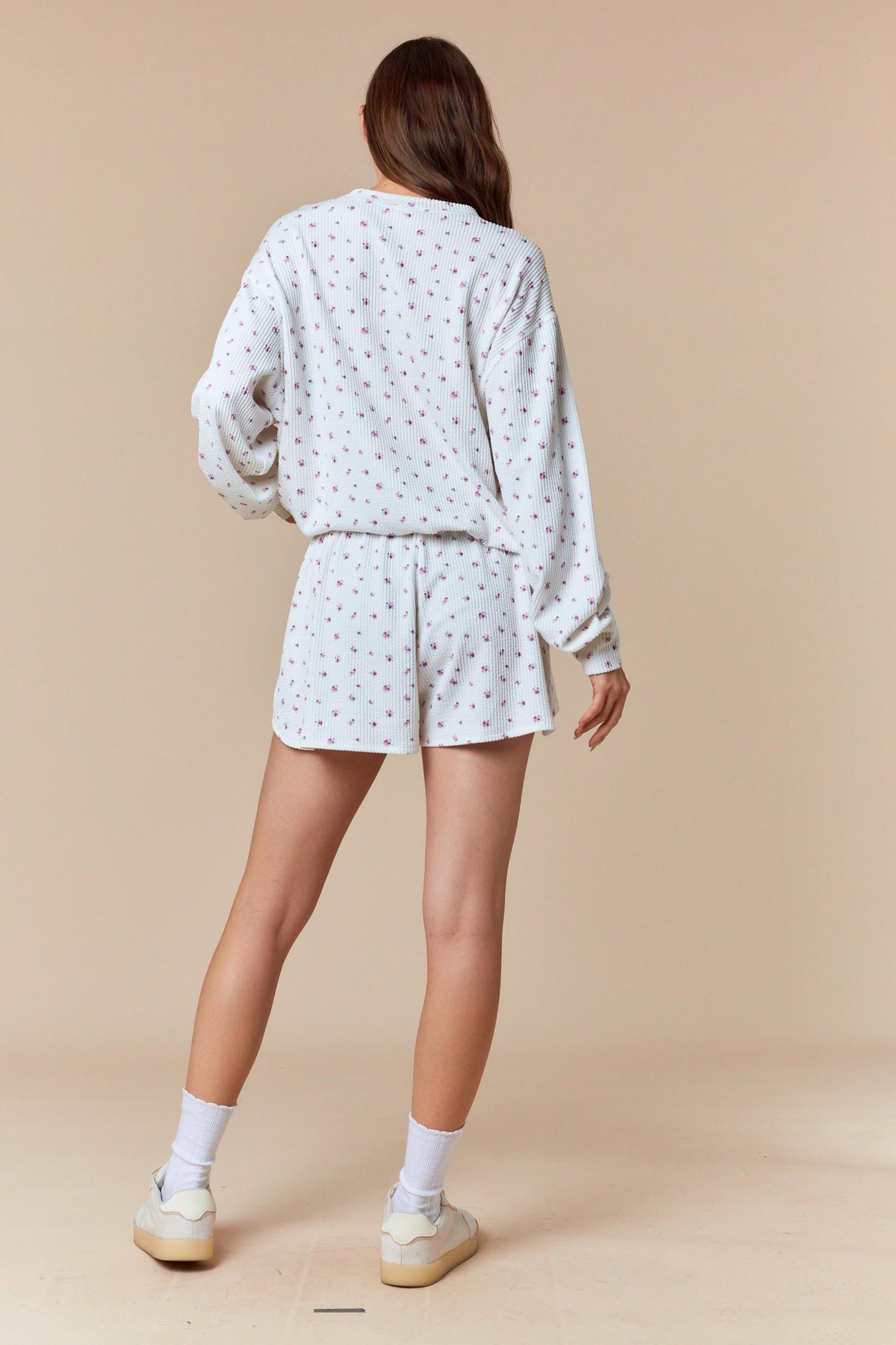 Magenta Floral Waffle Knit Oversized Long Sleeve Top