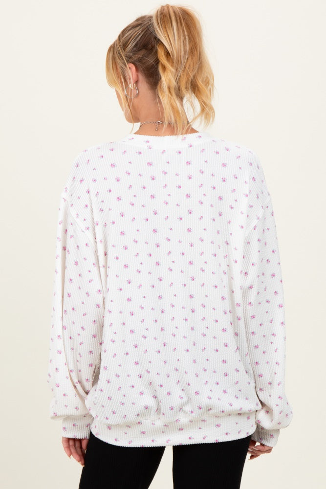 Magenta Floral Waffle Knit Oversized Maternity Long Sleeve Top