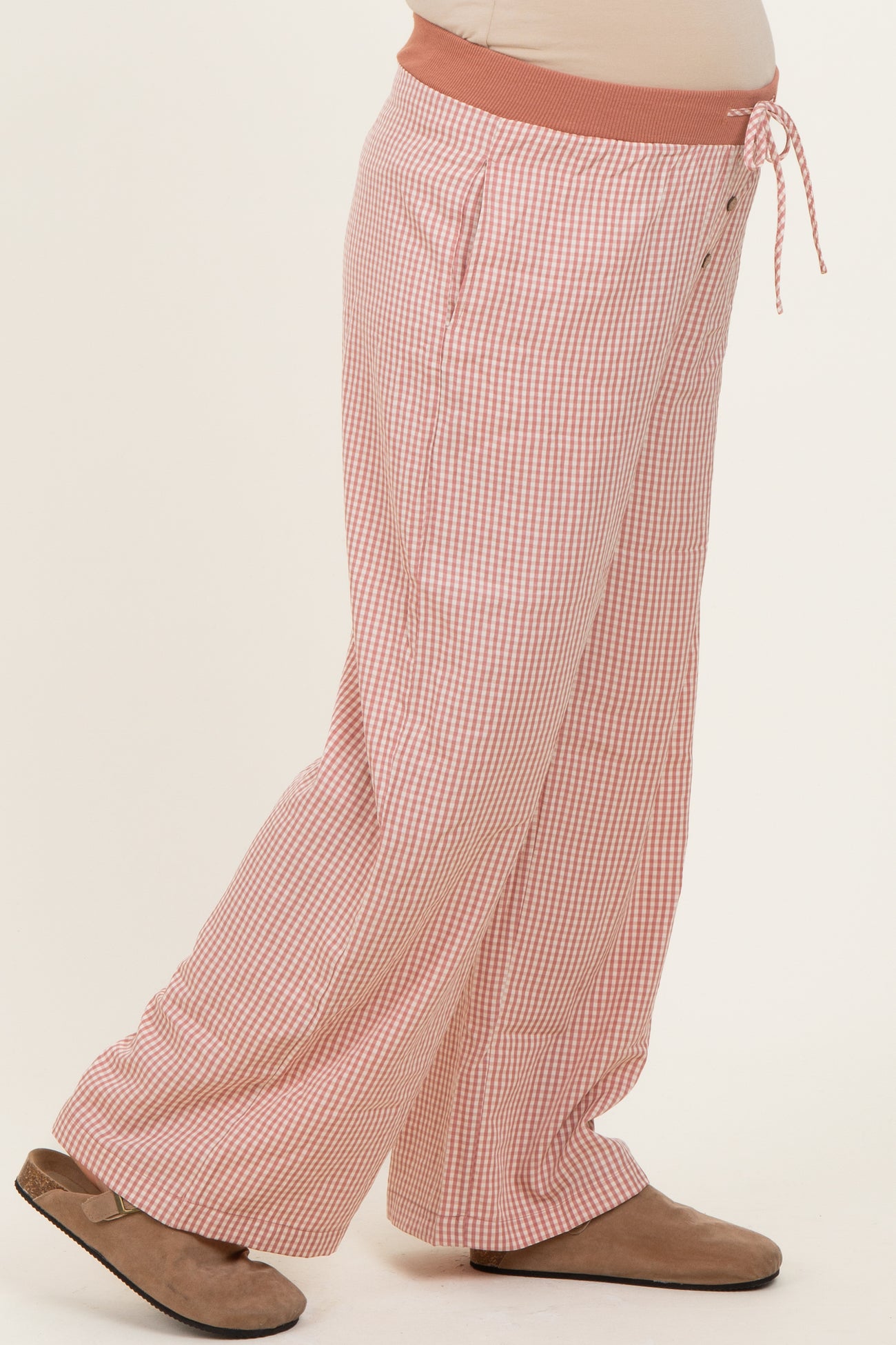 Mauve Gingham Drawstring Maternity Lounge Pants