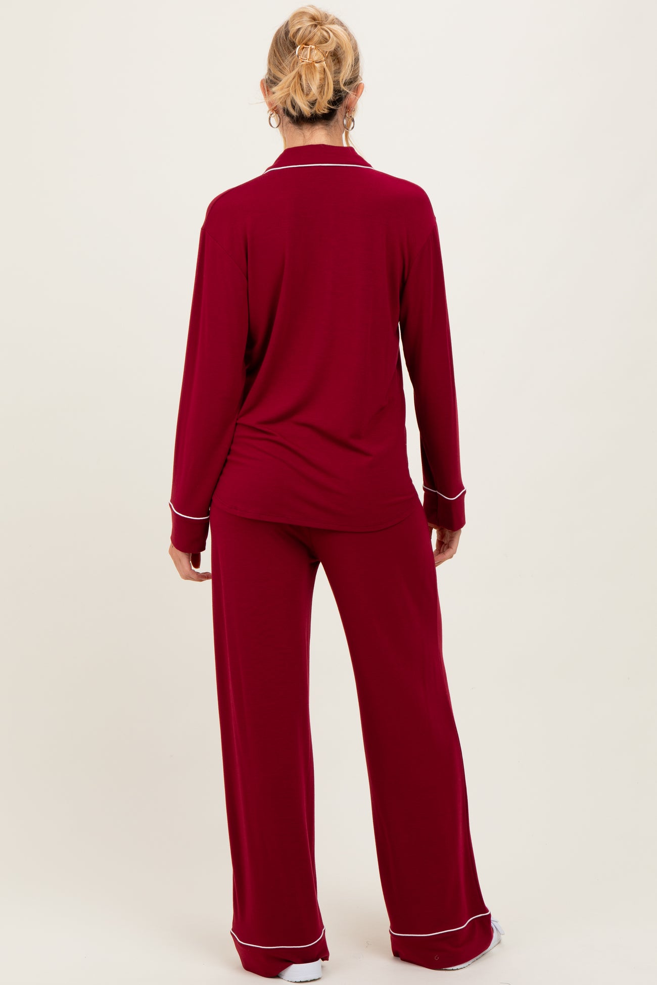 Burgundy Button Down Top Wide Leg Pant Maternity Pajama Set