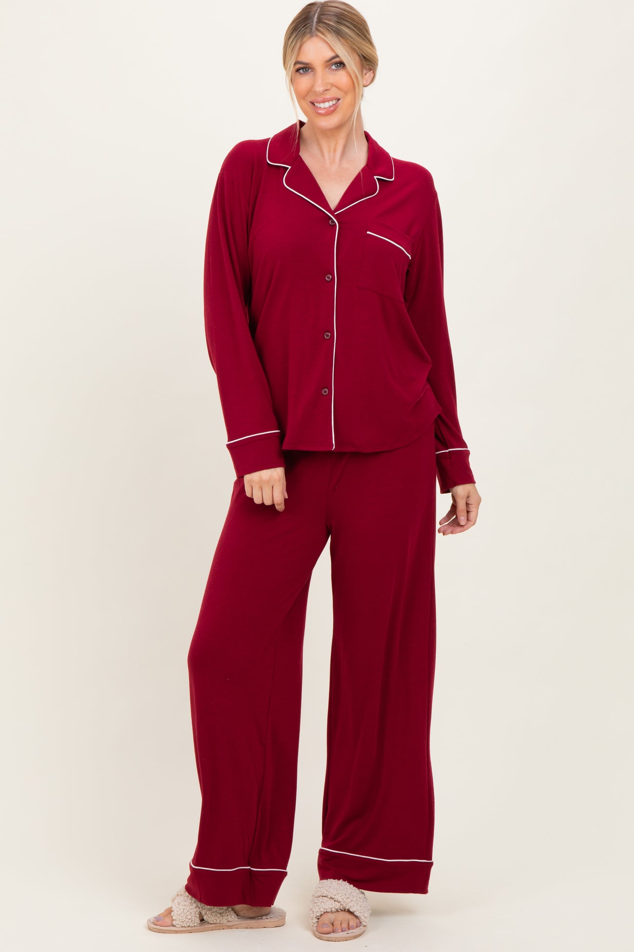 Burgundy Button Down Top Wide Leg Pant Maternity Pajama Set