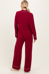 Burgundy Button Down Top Wide Leg Pant Pajama Set