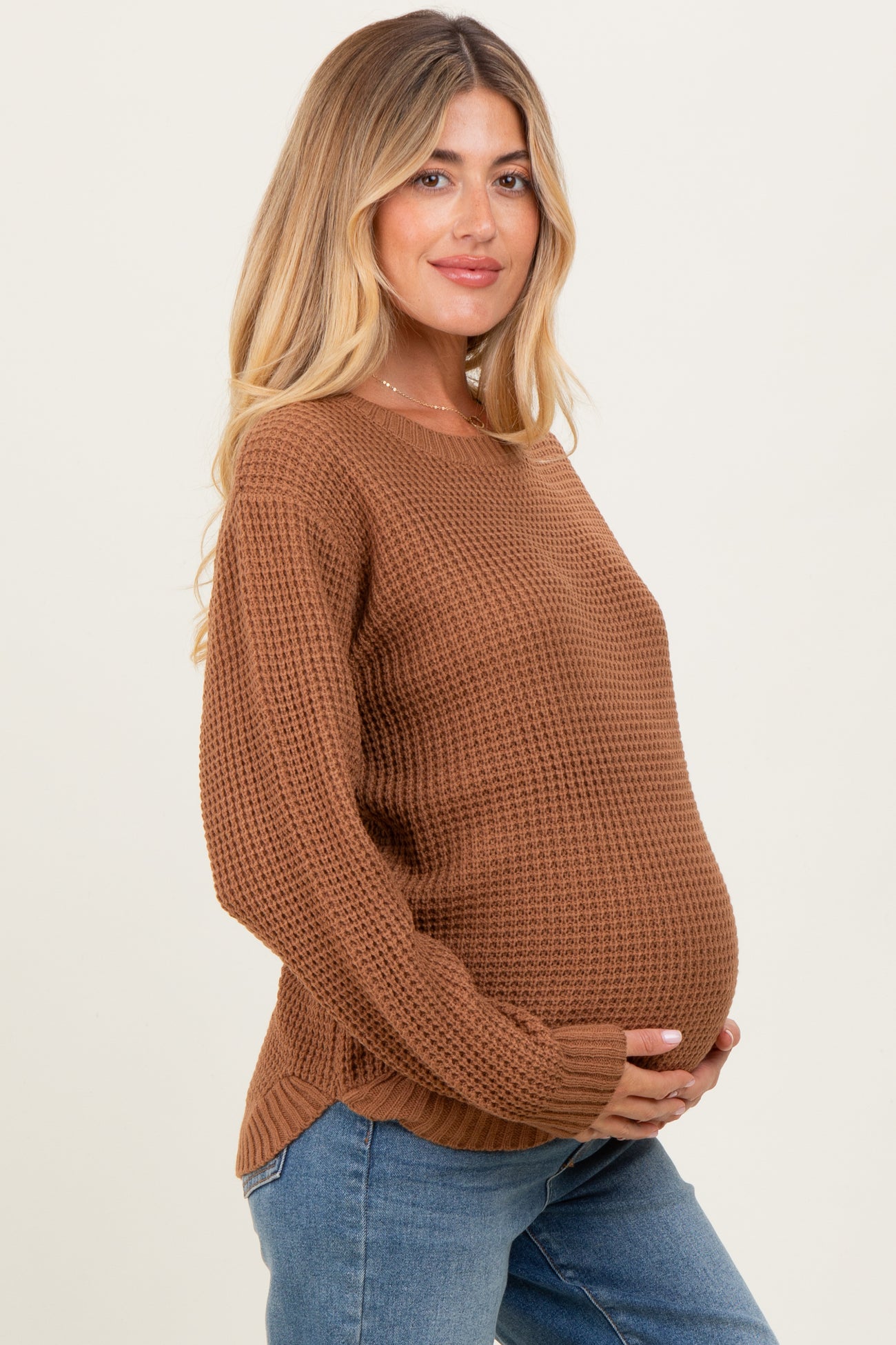 Camel Waffle Knit Rounded Hem Maternity Sweater