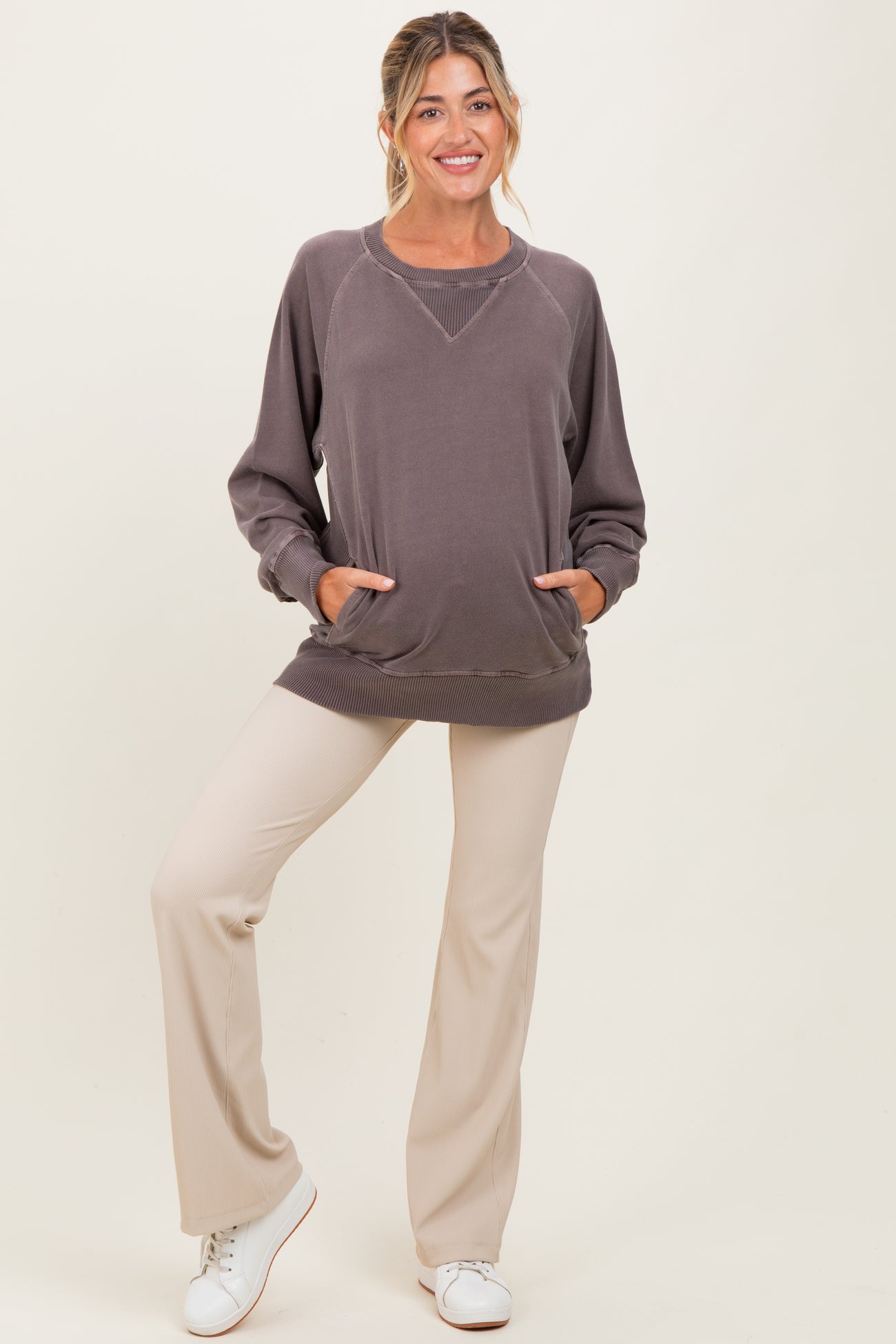 Mocha Vintage Wash French Terry Maternity Pullover