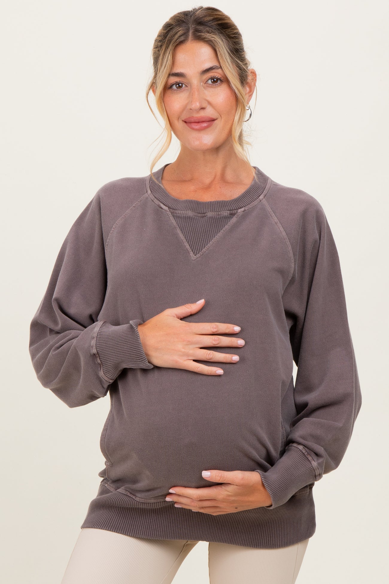 Mocha Vintage Wash French Terry Maternity Pullover