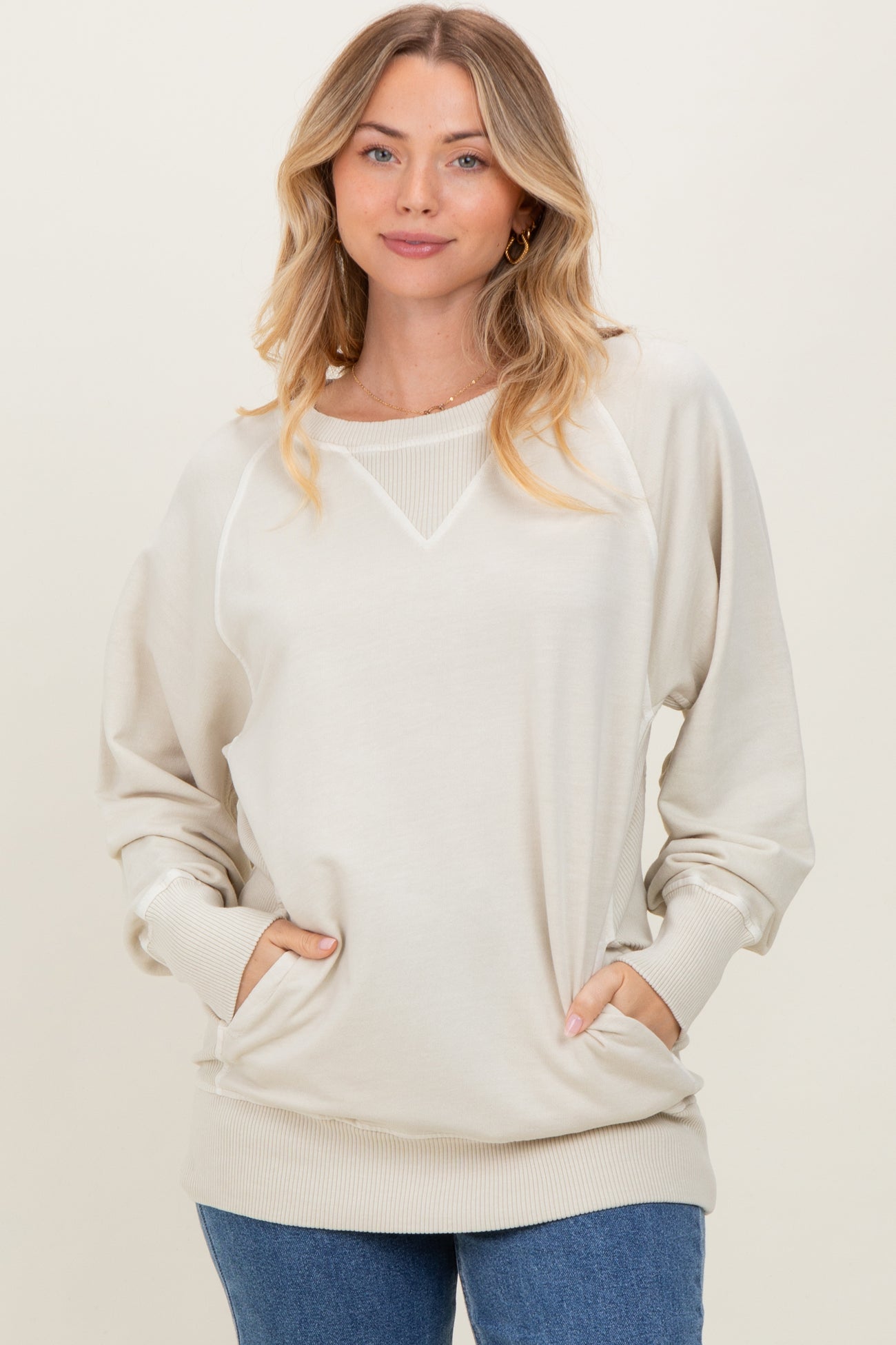 Cream Vintage Wash French Terry Maternity Pullover
