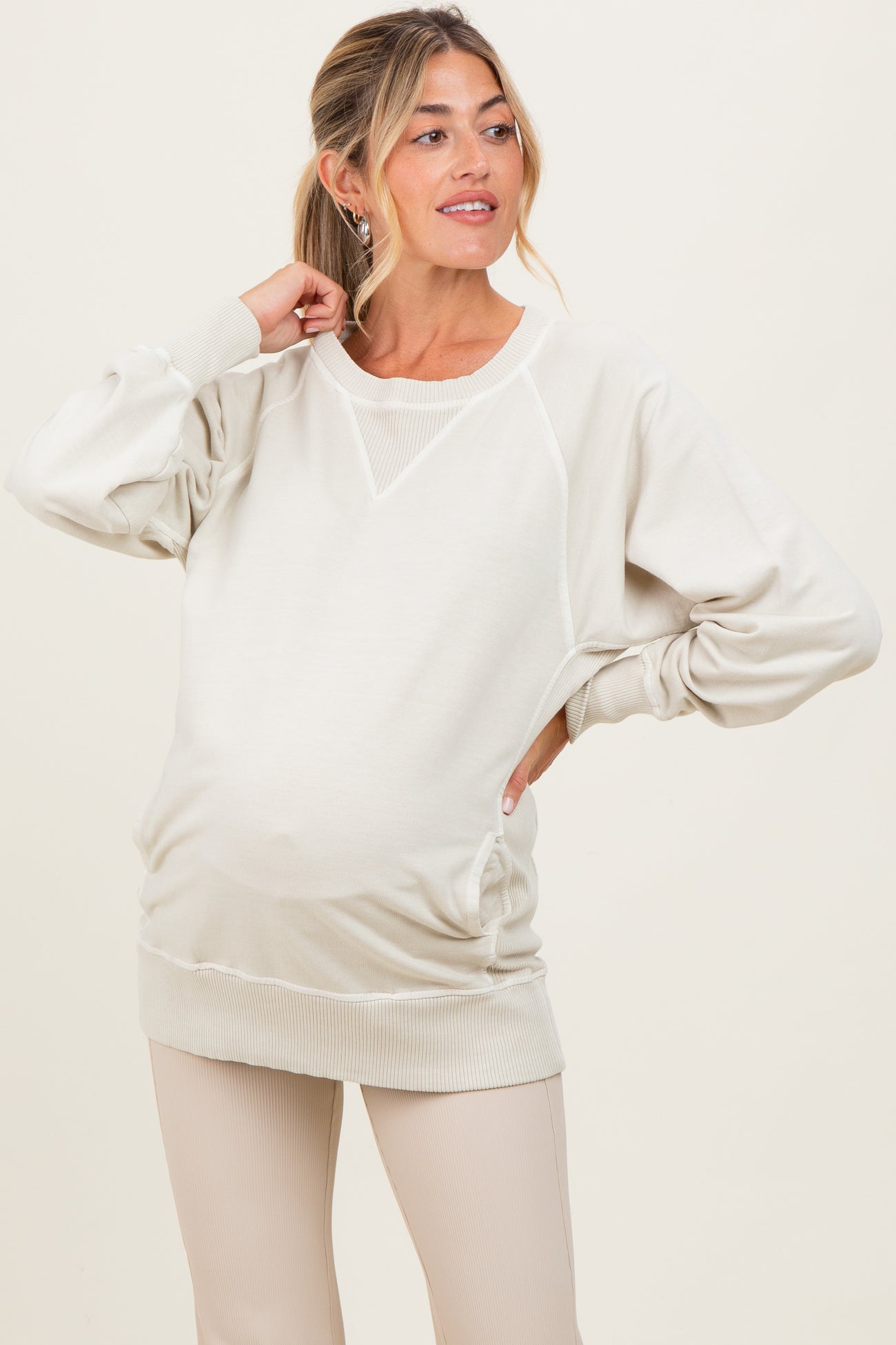 Cream Vintage Wash French Terry Maternity Pullover