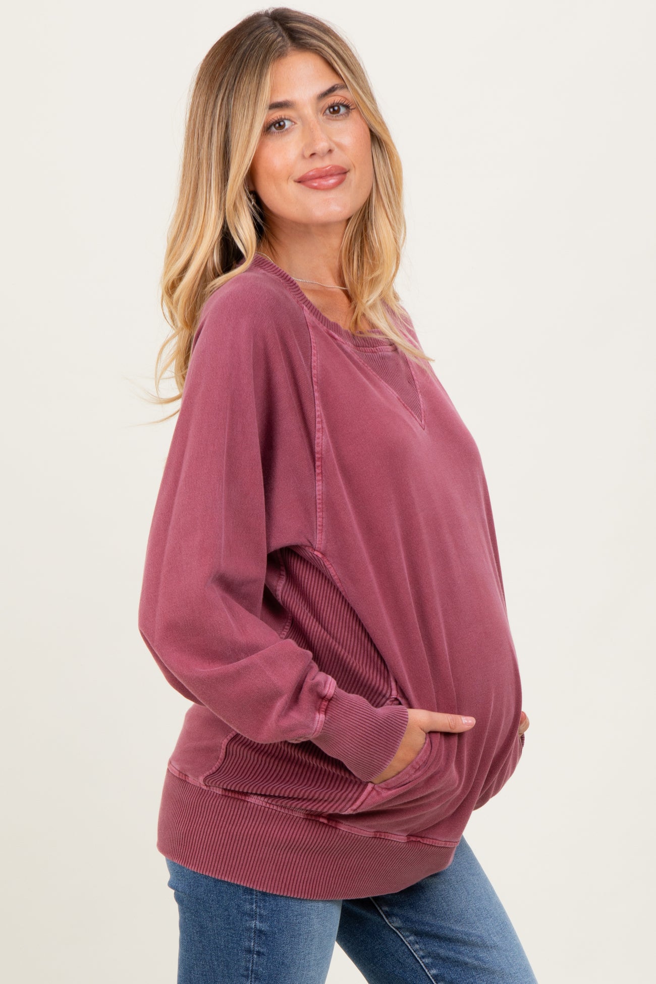 Burgundy Vintage Wash French Terry Maternity Pullover