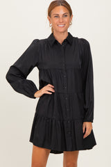 Black Balloon Sleeve Tiered Maternity Shirt Dress