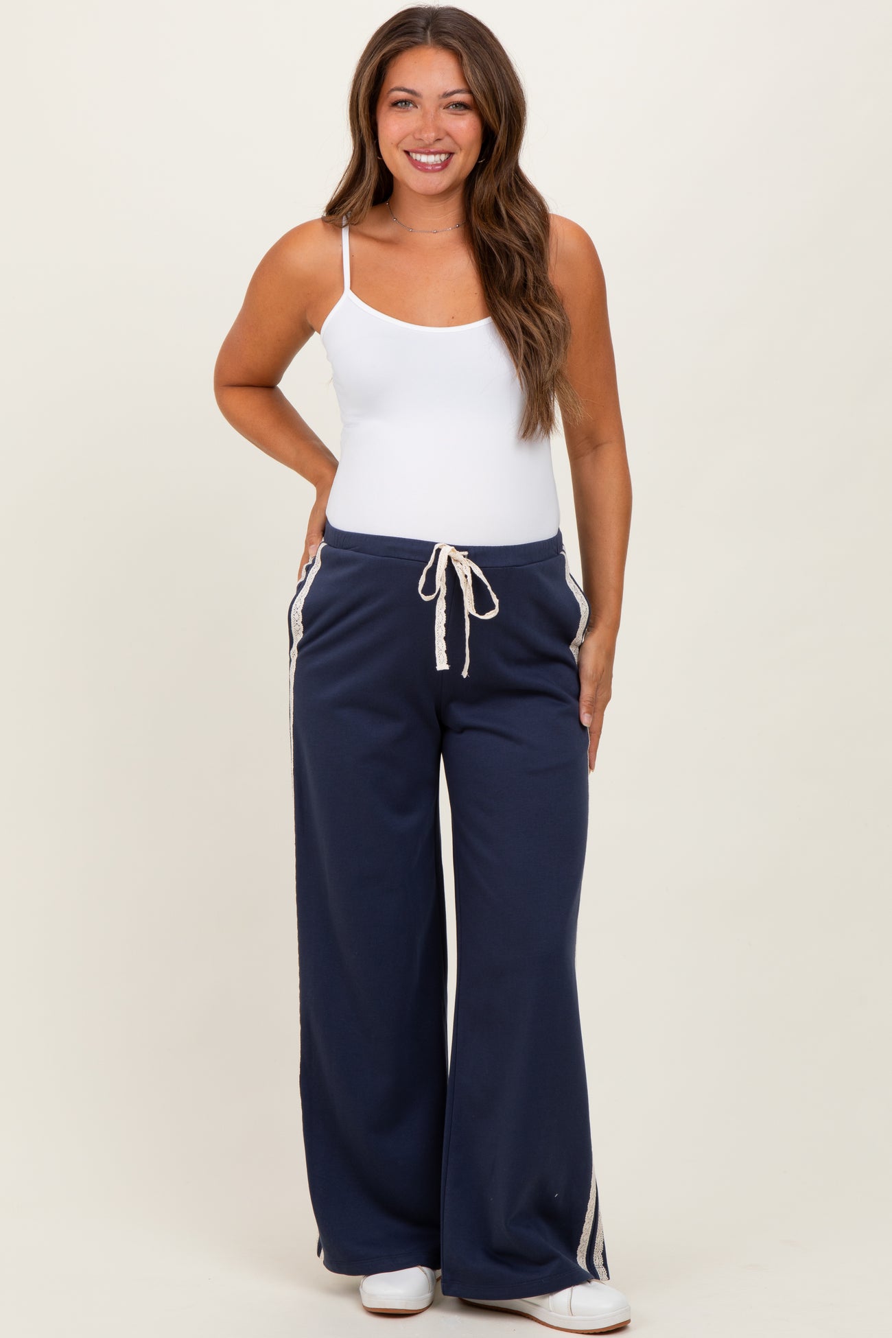 Navy Lace Stripe Drawstring Maternity Lounge Pants