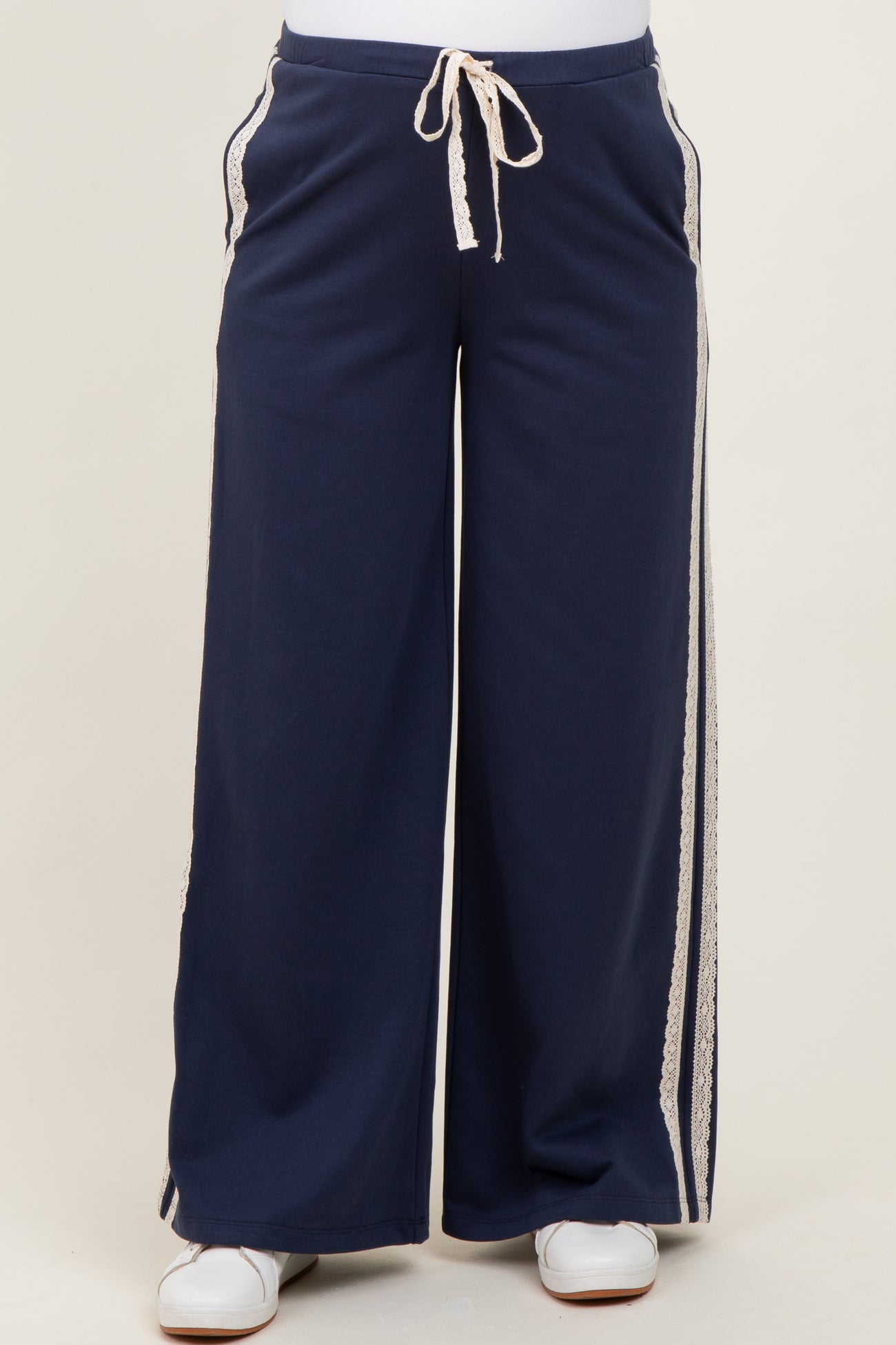 Navy Lace Stripe Drawstring Maternity Lounge Pants
