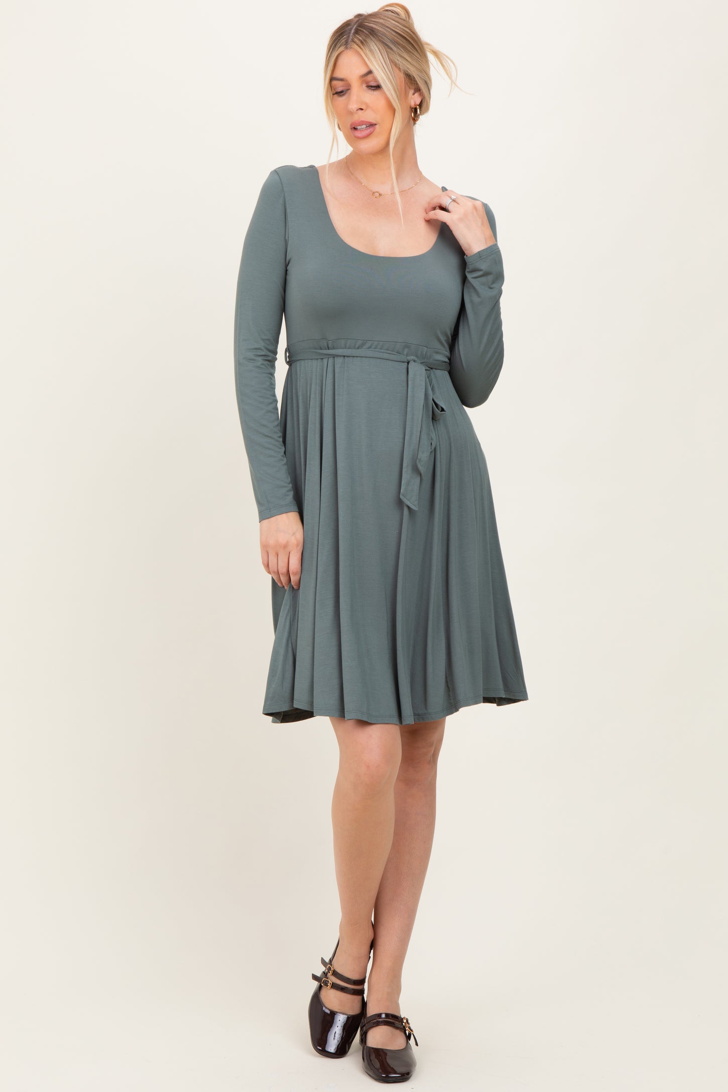 Olive Scoop Neck Long Sleeve Waist Tie Maternity Dress