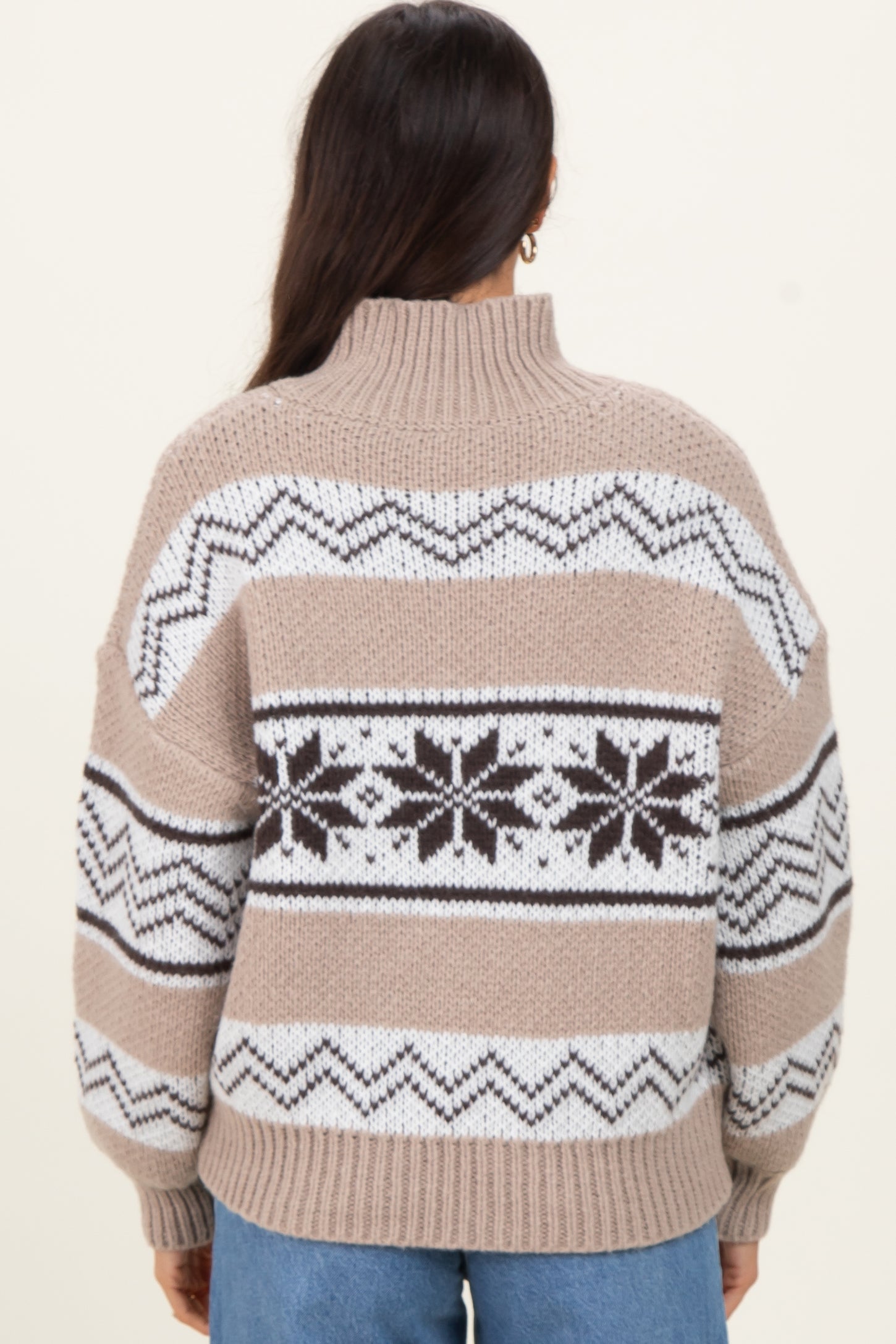 Brown Fair Isle Print Zip Up Sweater Jacket