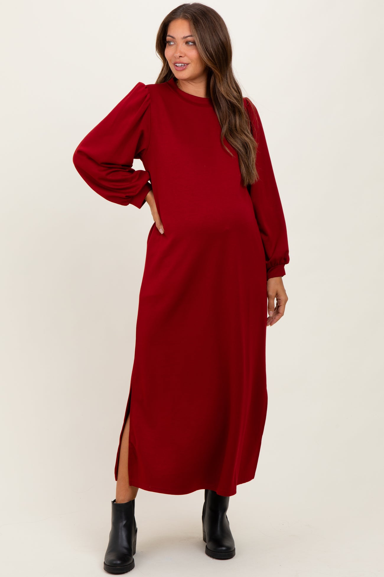 Burgundy Side Slit Detail Solid Maternity Midi Dress