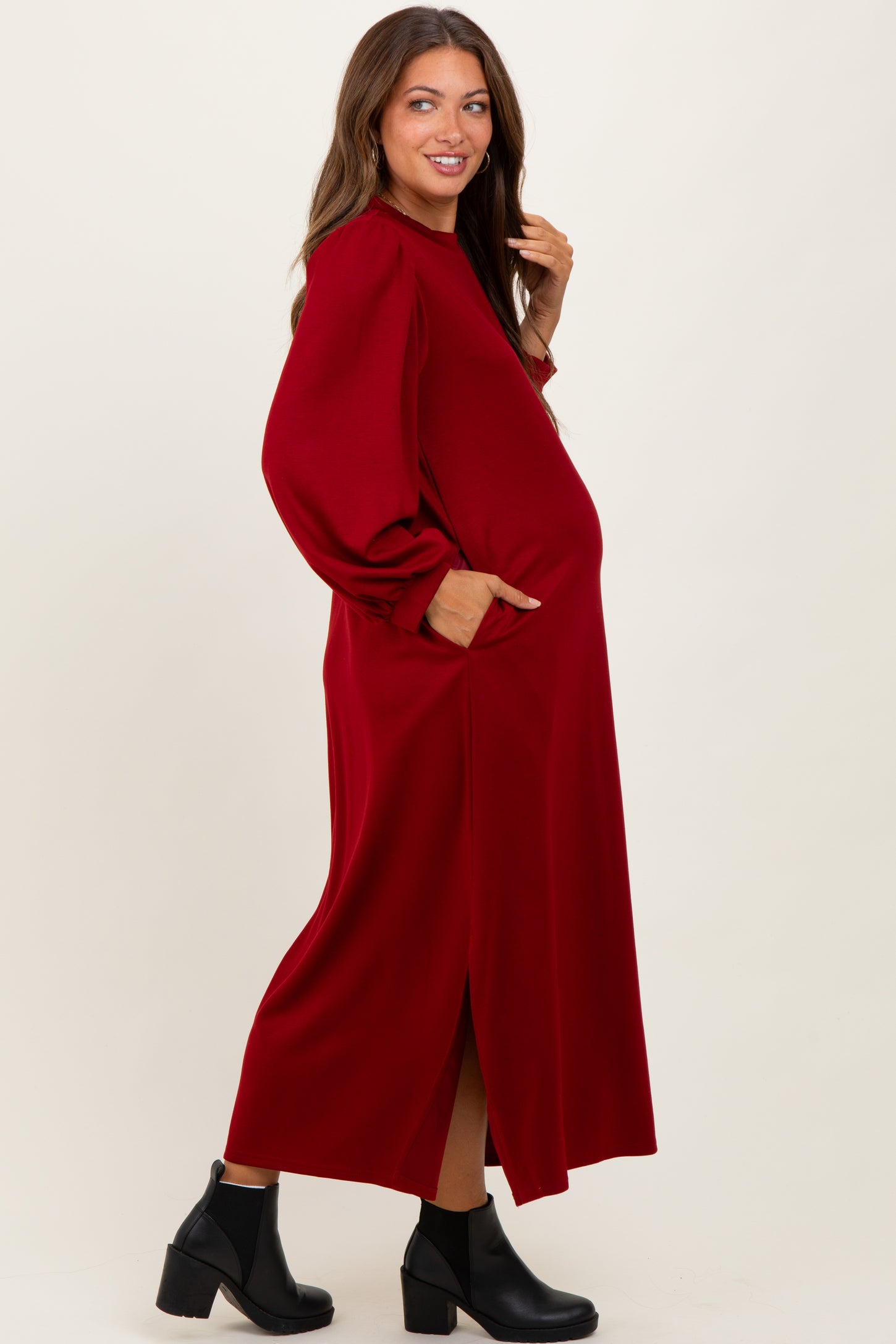 Burgundy Side Slit Detail Solid Maternity Midi Dress