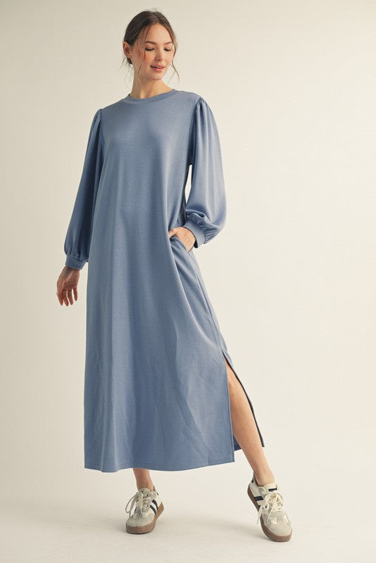 Blue Side Slit Detail Solid Midi Dress