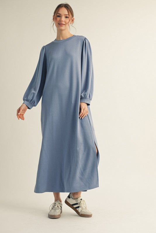 Blue Side Slit Detail Solid Midi Dress